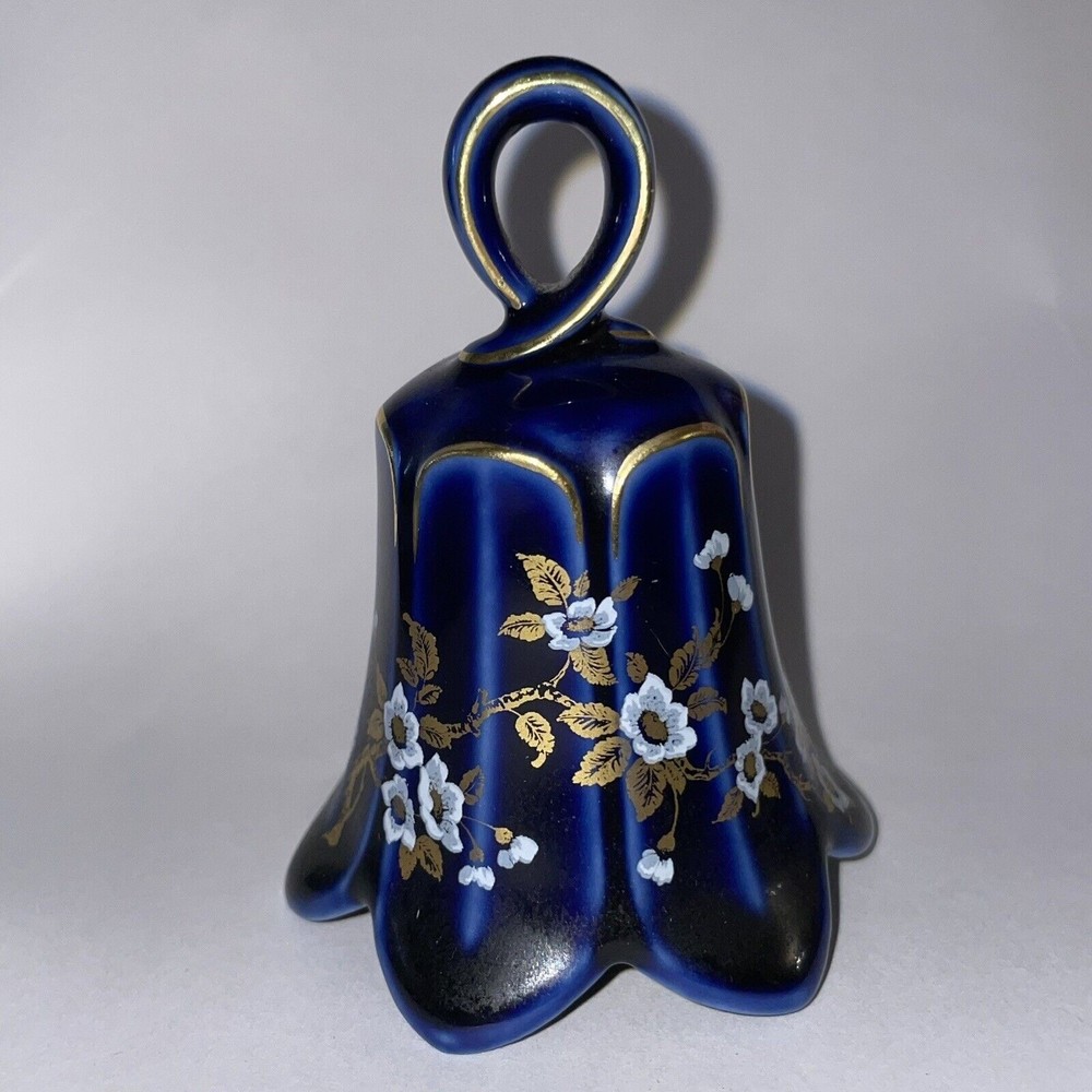 Vintage Lindner Cobalt Blue Gold Flowers  Scalloped Porcelain Bell 3 Inches